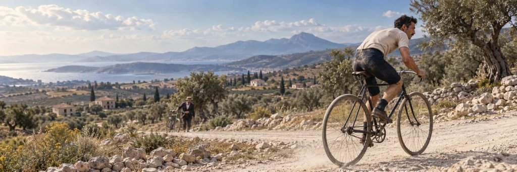 Εικαστική αναπαράσταση ποδηλάτη του 1896 σε χωμάτινο δρόμο, με συνοδό και δεύτερο ποδήλατο στο βάθος